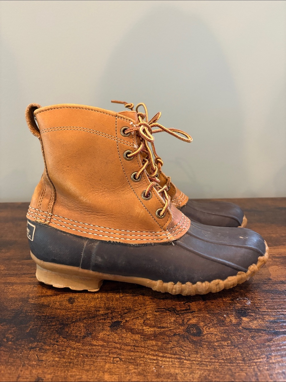 Vintage LL Bean Maine Duck Rain Boots Tan Leather Brown Rubber Size 7
